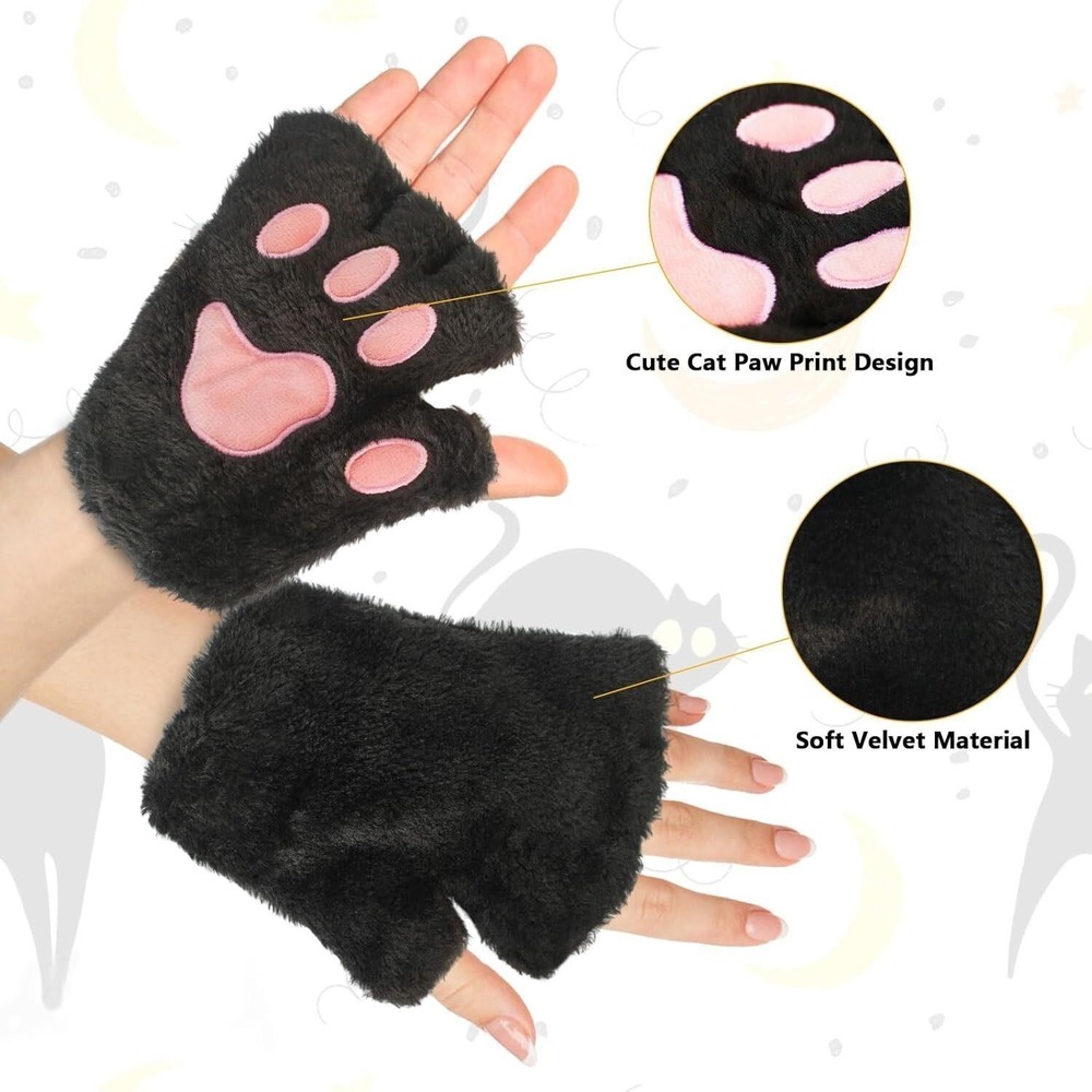 Halloween Plush Cat Animal Costume Set Ears, Paw Gloves, Choker, Headband & Tail - Picture 5 of 10